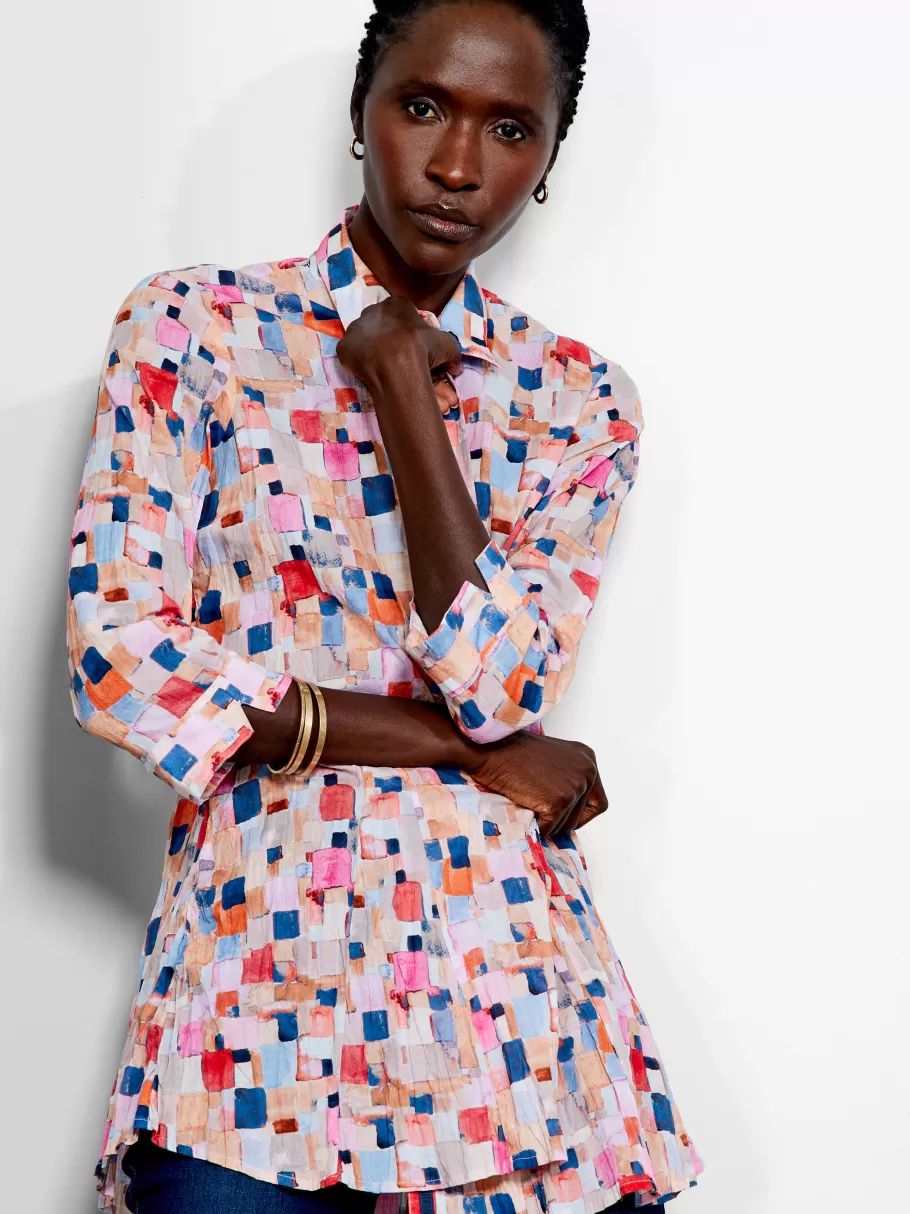NIC+ZOE Checked Up Long Crinkle Shirt^Women Shirts + Blouses