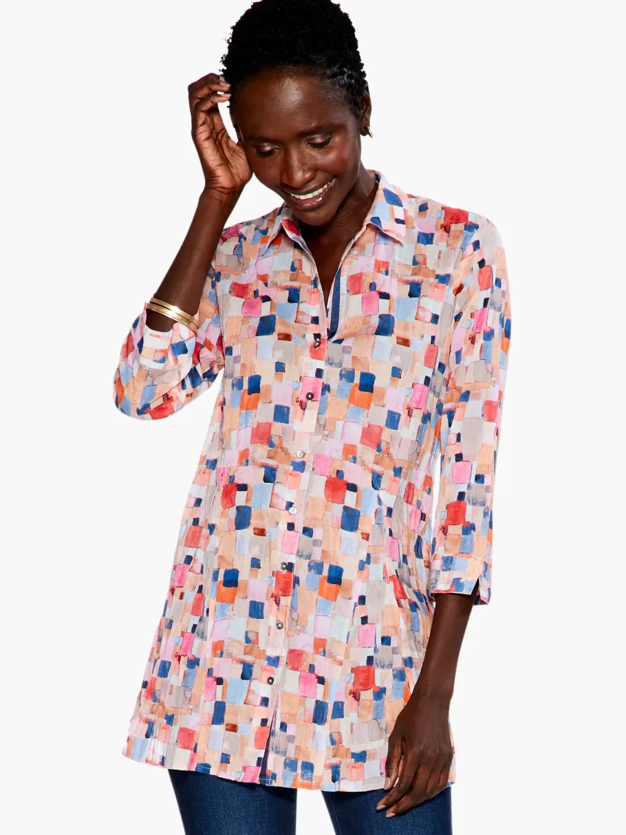NIC+ZOE Checked Up Long Crinkle Shirt^Women Shirts + Blouses