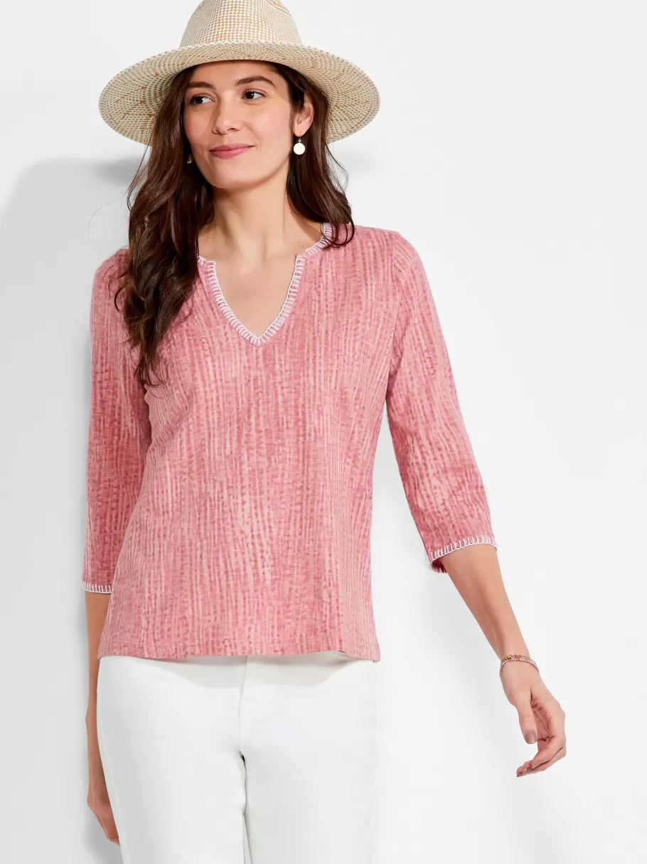 NIC+ZOE Nzt 3/4 Sleeve Split Collar Stitch Top^Women Knit Tops + Tees