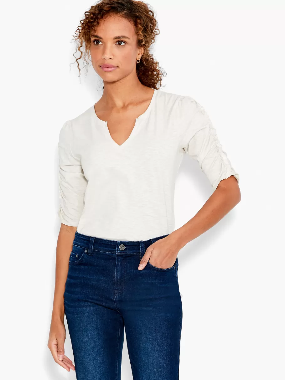 NIC+ZOE Nzt Ruched Elbow Sleeve Split Neck^Women Knit Tops + Tees