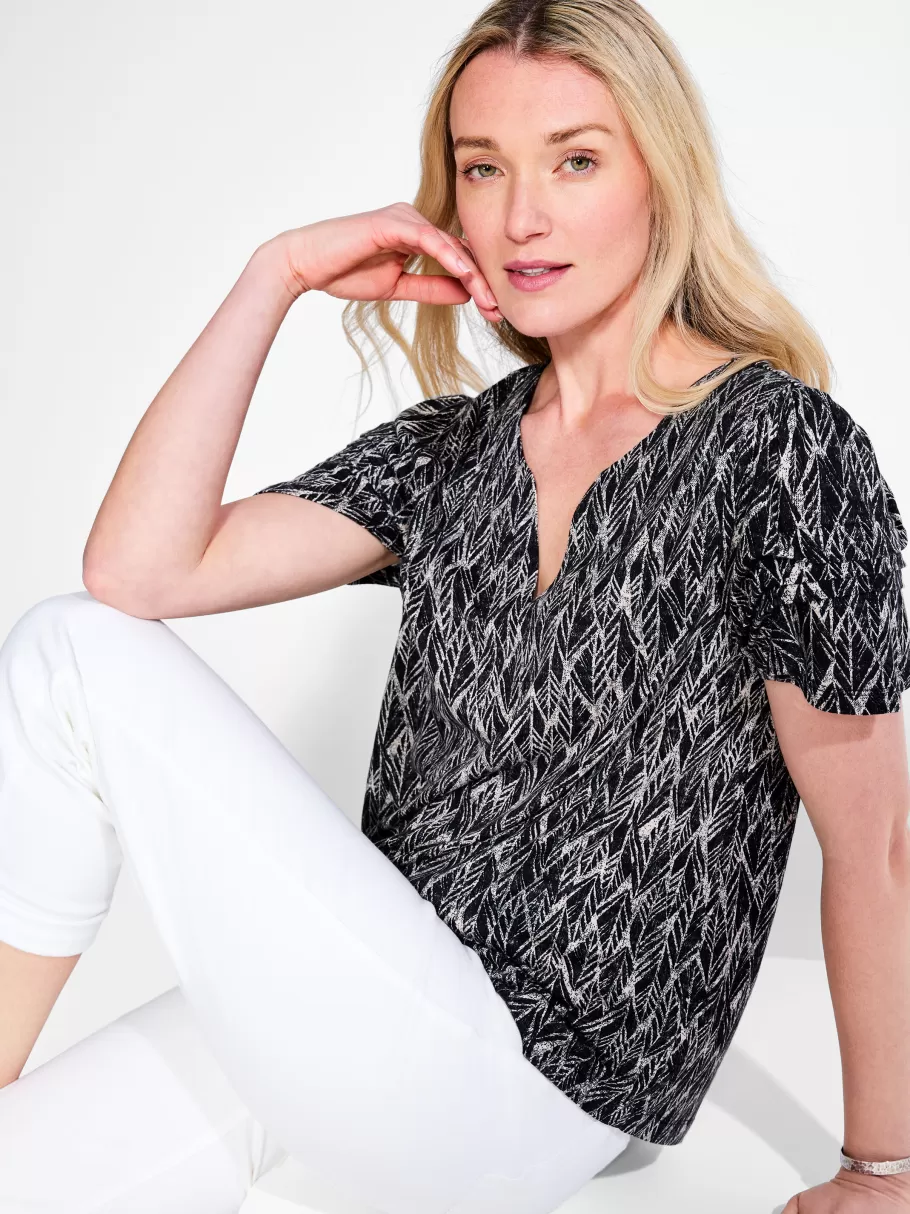 NIC+ZOE Nzt Sketched Leaves Flutter Sleeve Split Neck Tee^Women Knit Tops + Tees